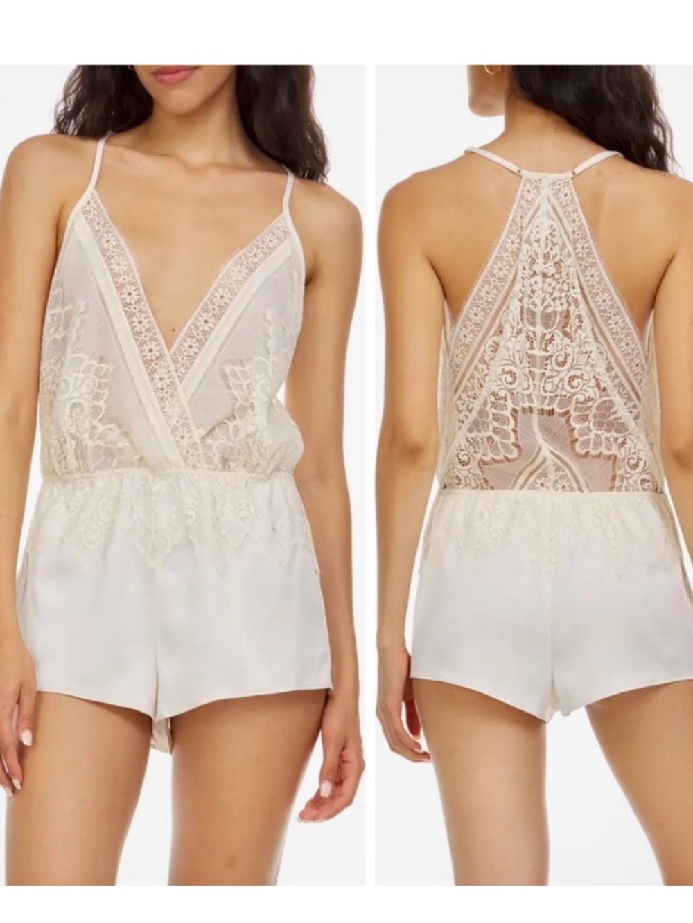 Flora Nikrooz Sheer Lace Silk Lingerie Romper in Antique Ivory | Medium